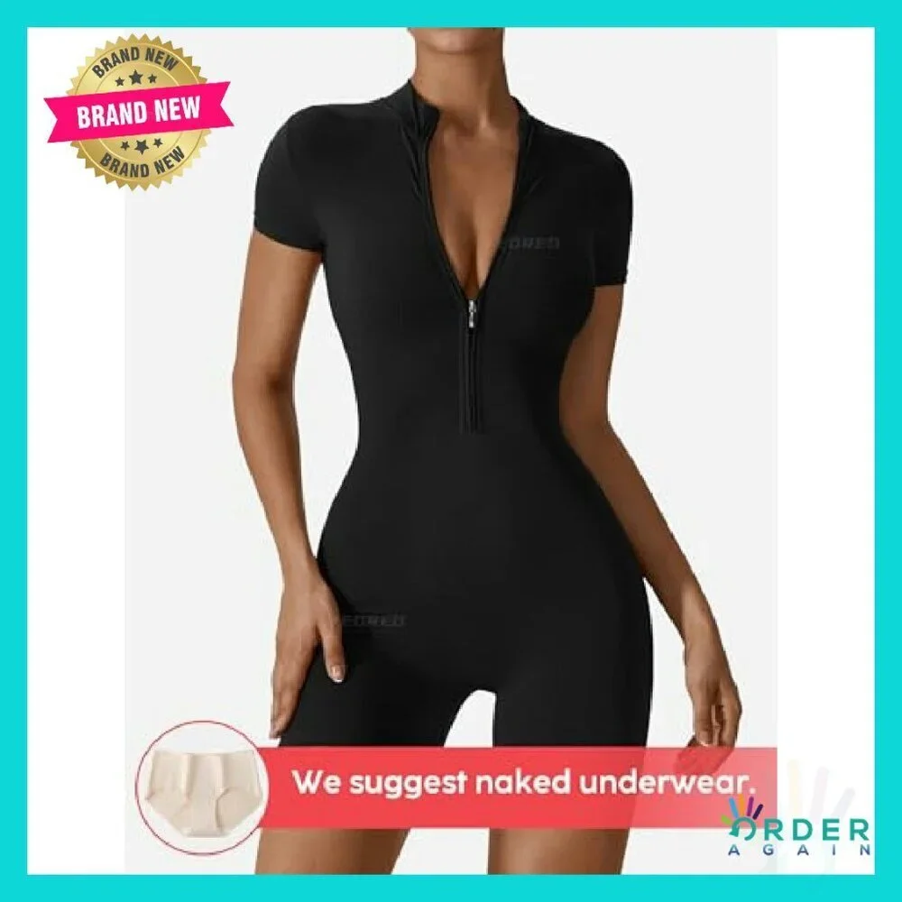 Short Sleeve Workout Jumpsuit Zip Up Romper Bodycon One Piece Sexy - Picture 3 of 8